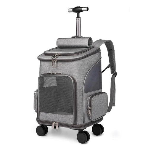 Gray pet carrier with wheels on a white background