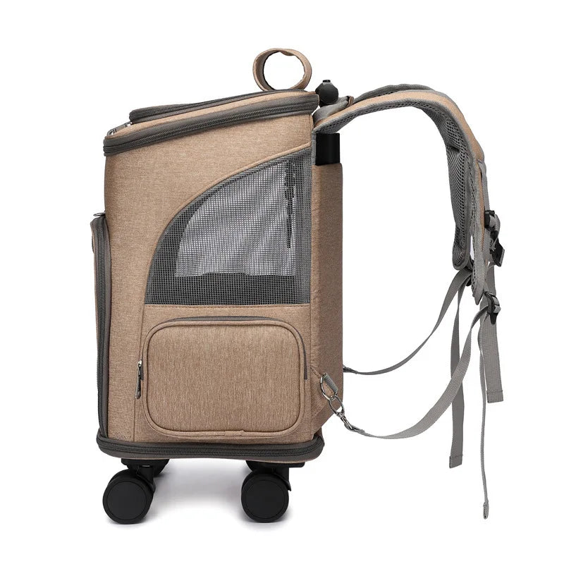 Beige pet carrier backpack with wheels on a white background