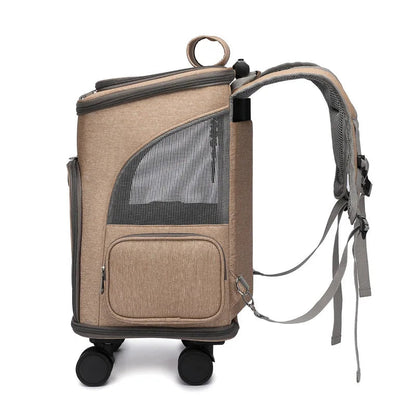 Beige pet carrier backpack with wheels on a white background