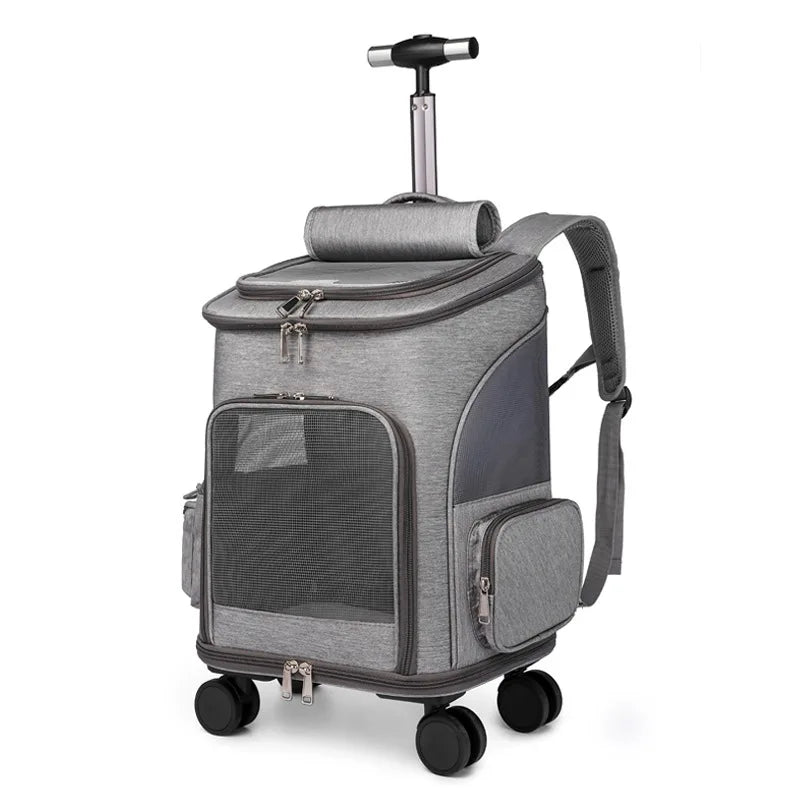 Gray pet carrier with wheels on a white background
