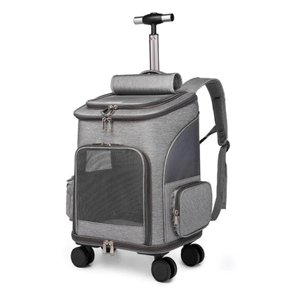 Gray pet carrier with wheels on a white background