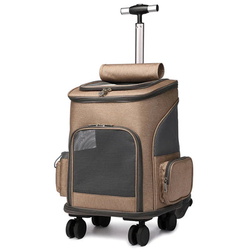 Brown pet travel carrier with wheels on a white background
