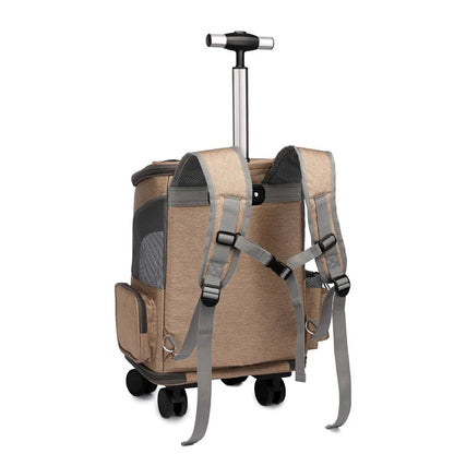 Beige pet carrier with wheels and straps on a white background